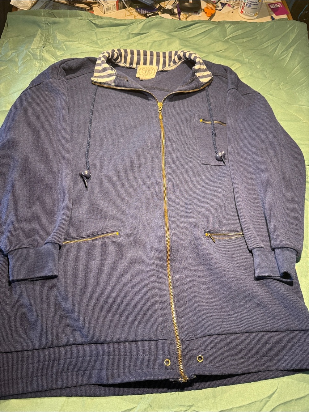 Men's Navy Zip-Up Sweater Jacket with Striped Collar